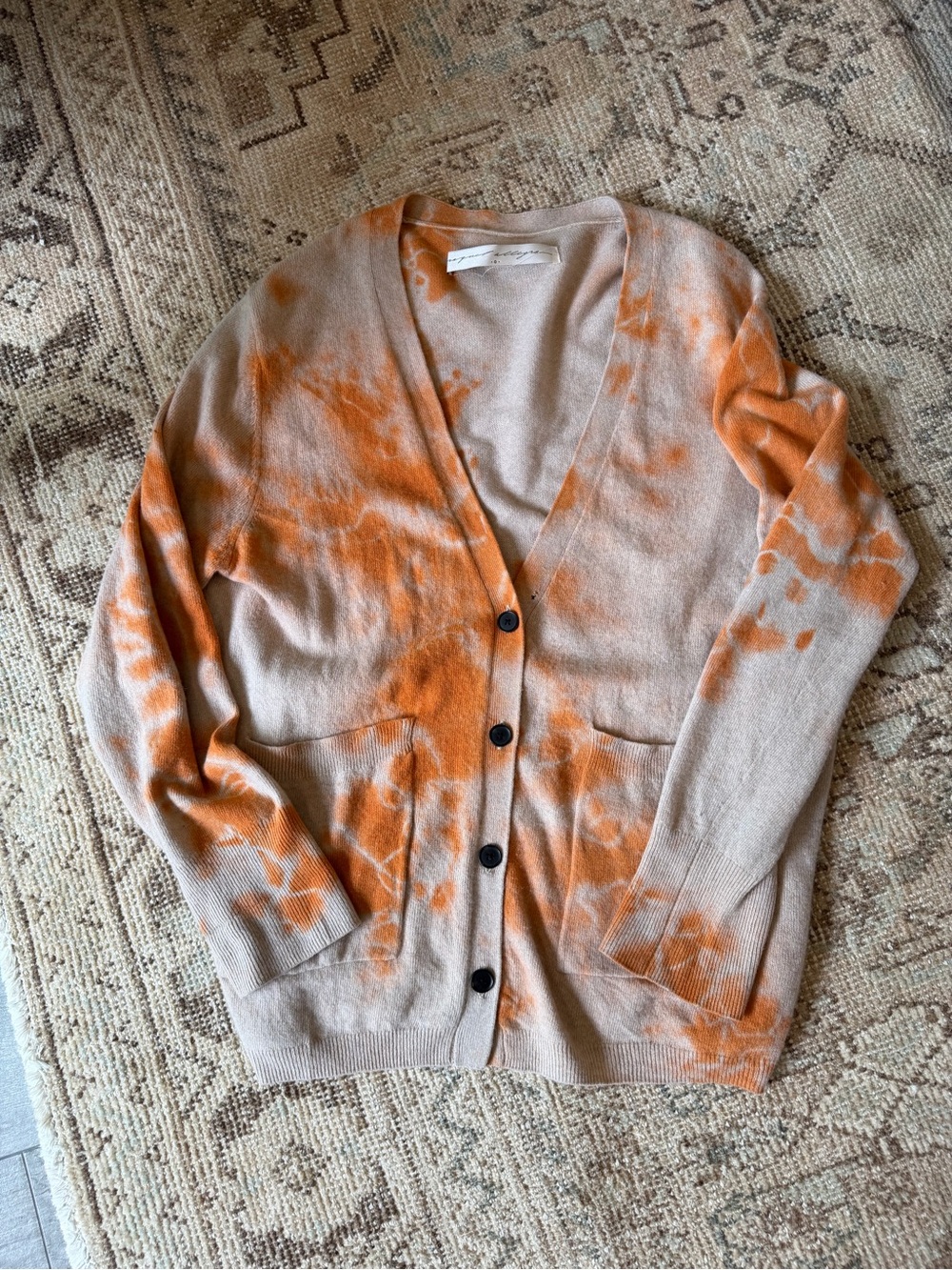 Raquel Allegra Beige and Orange Tie-Dye V-Neck cashmere Cardigan